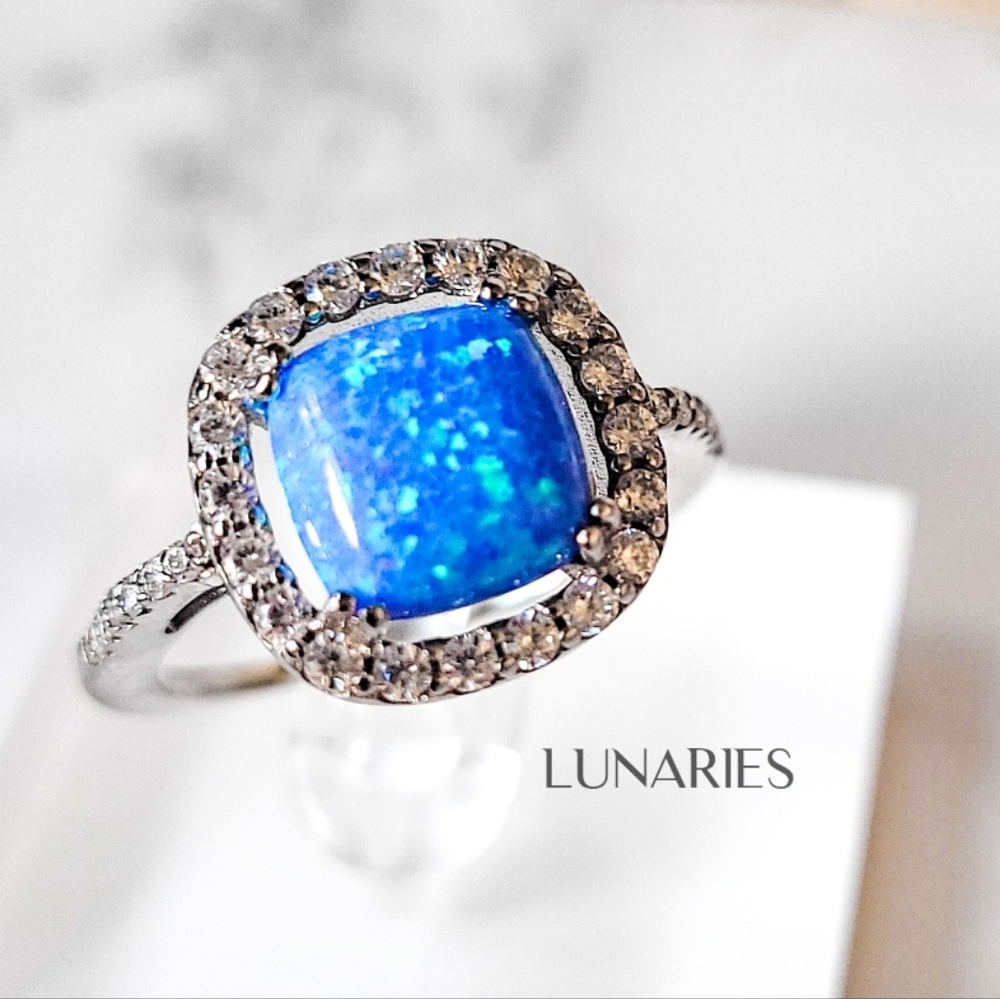 925 Sterling Silver Cushion-Cut Blue Opal Halo Ring with Cubic Zirconia Accents
